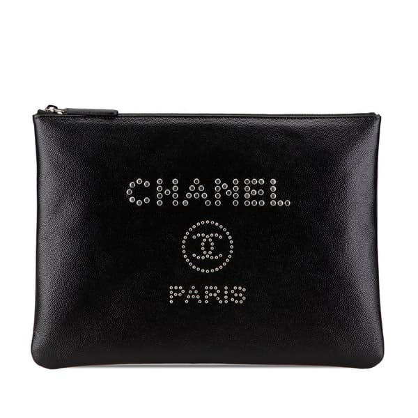 Pre-owned Chanel Medium Caviar Deauville Studded O Case Clutch Black