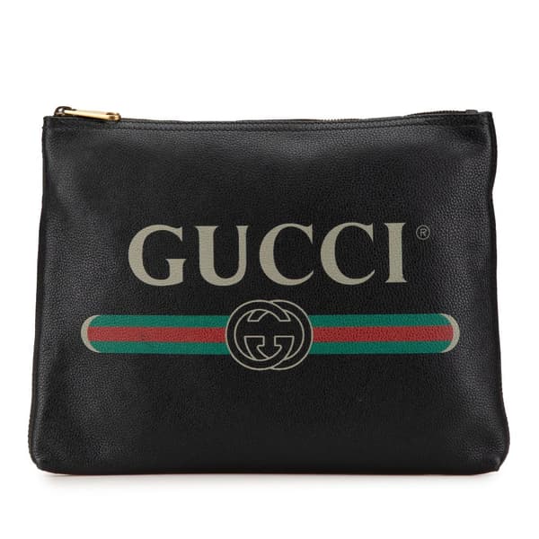 Pre-owned Gucci Medium Leather Logo Portfolio Clutch Black