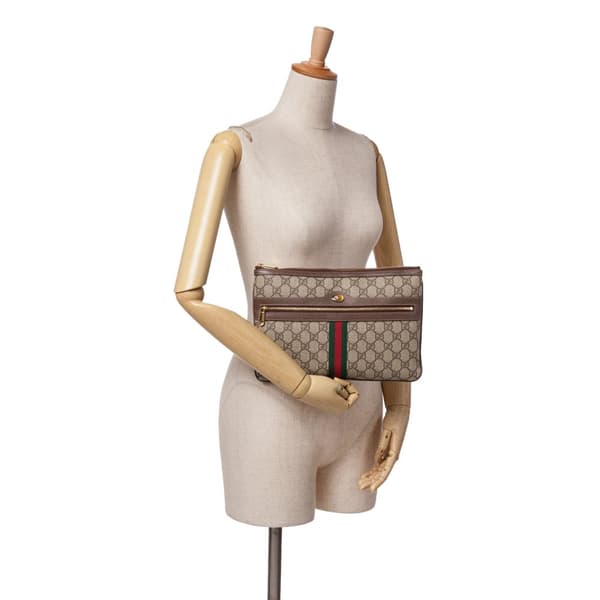 Pre-owned Gucci Large GG Supreme Ophidia Web Clutch Brown
