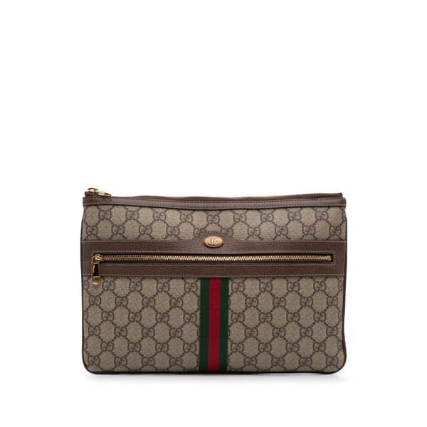 Pre-owned Gucci Large GG Supreme Ophidia Web Clutch Brown