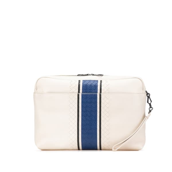 Pre-owned Bottega Veneta Intrecciato Trimmed Leather Wristlet Clutch White
