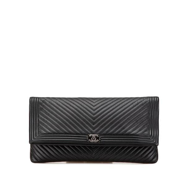 Pre-owned Chanel Chevron Calfskin Boy Fold Over Clutch Black