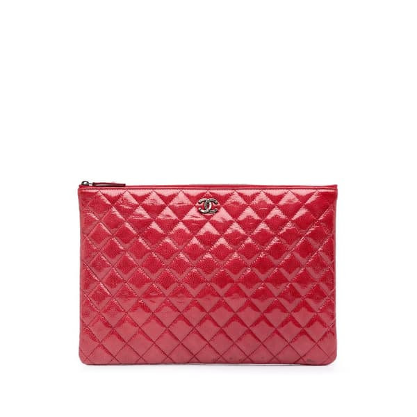 Pre-owned Chanel Large Quilted Patent O Case Clutch Red