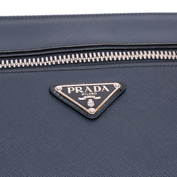 Pre-owned Prada Saffiano Lux Zip Portfolio Blue