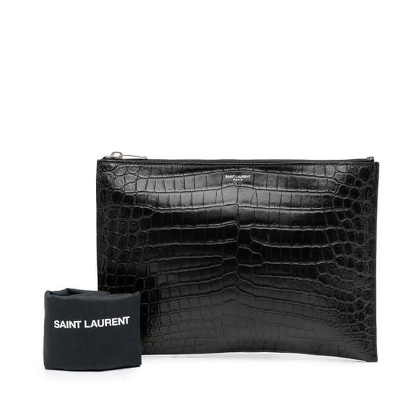 Pre-owned Saint Laurent Croc Embossed Leather Clutch Black