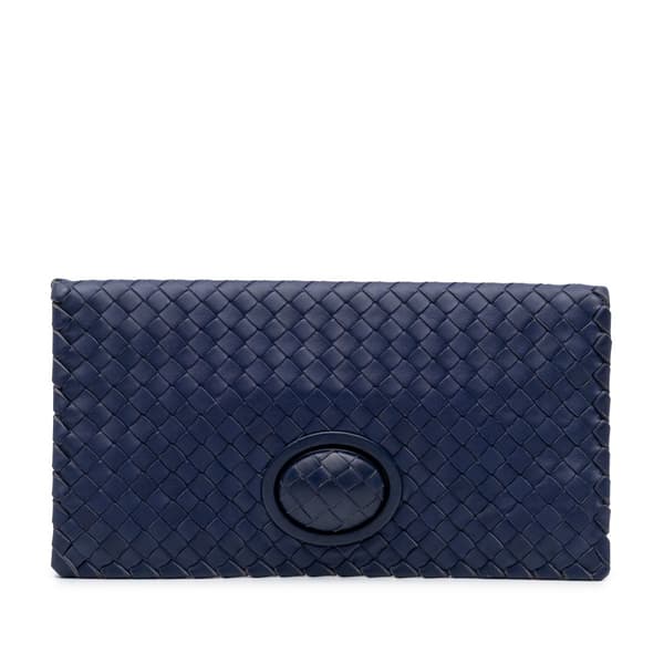 Pre-owned Bottega Veneta Nappa Intrecciato Turn Lock Clutch Blue