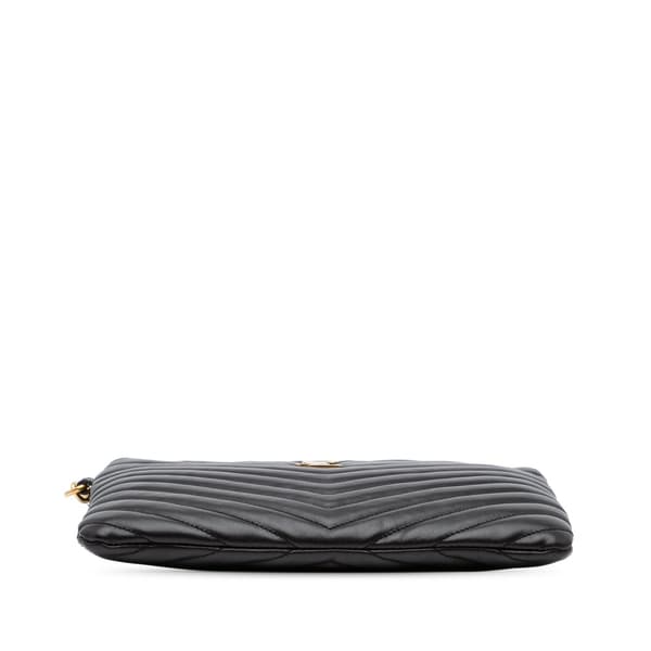 Pre-owned Saint Laurent Matelasse Chevron Leather Monogram Zip A5 Wristlet Pouch Black
