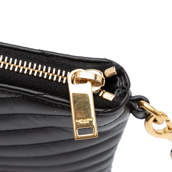 Pre-owned Saint Laurent Matelasse Chevron Leather Monogram Zip A5 Wristlet Pouch Black