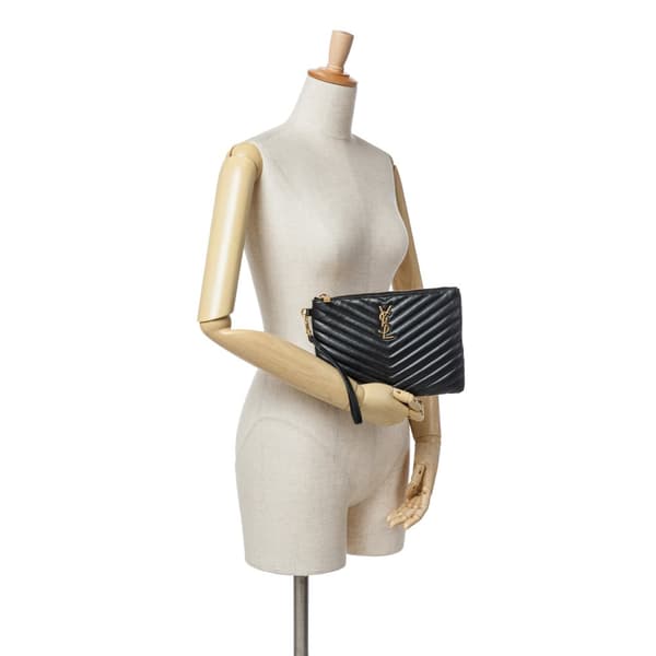Pre-owned Saint Laurent Matelasse Chevron Leather Monogram Zip A5 Wristlet Pouch Black