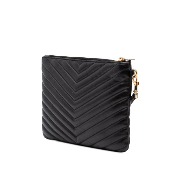 Pre-owned Saint Laurent Matelasse Chevron Leather Monogram Zip A5 Wristlet Pouch Black