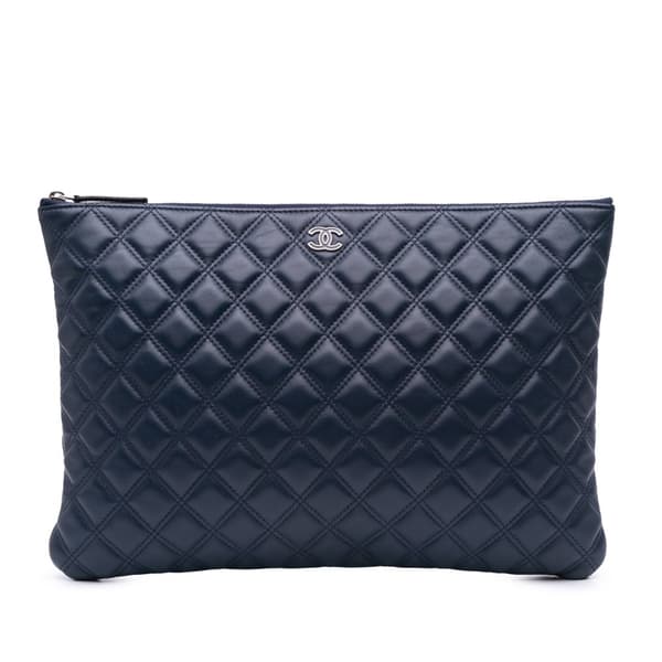 Pre-owned Chanel CC Quilted Lambskin Double Stitch Clutch Blue
