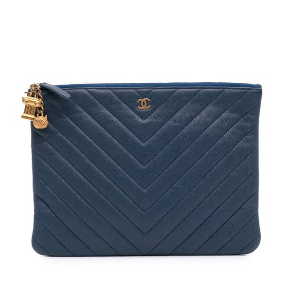 Pre-owned Chanel Medium Chevron Caviar Ancient Greek Charms O Case Clutch Blue