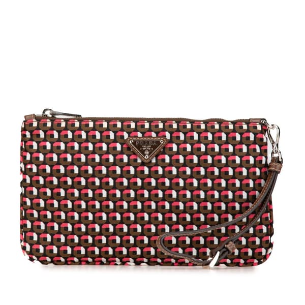 Pre-owned Prada Tessuto Stampato Wristlet Clutch Brown