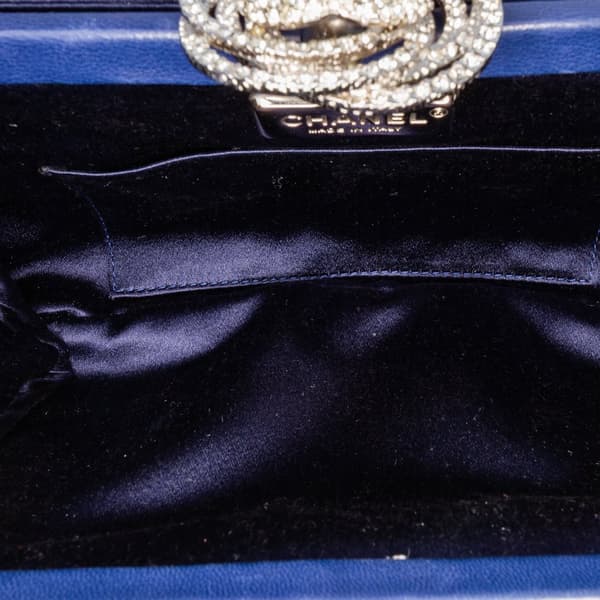 Pre-owned Chanel Satin Crystal Camellia Evening Frame Clutch Blue