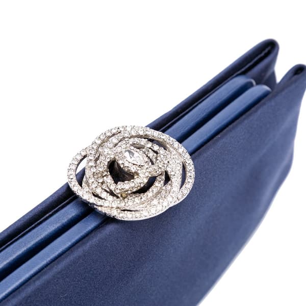 Pre-owned Chanel Satin Crystal Camellia Evening Frame Clutch Blue