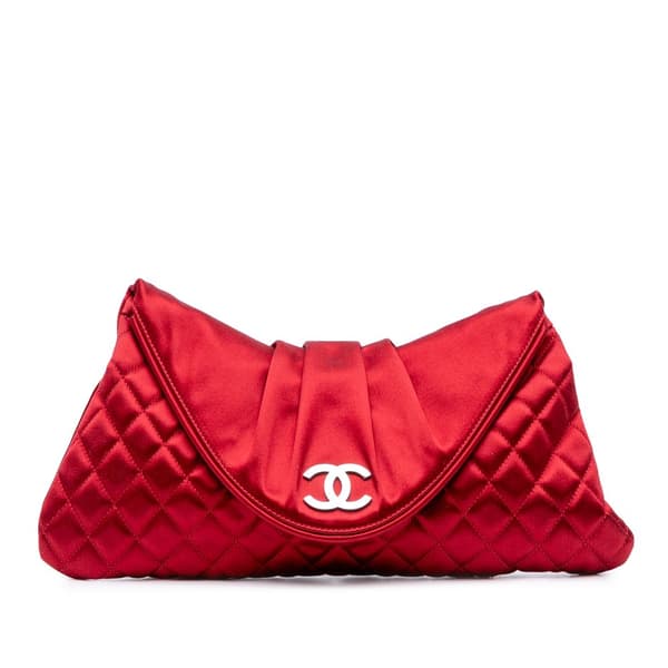 Pre-owned Chanel CC Quilted Satin Half Moon Flap Clutch Red