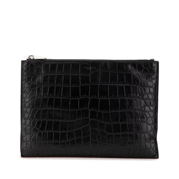 Pre-owned Saint Laurent Croc Embossed Leather Clutch Black