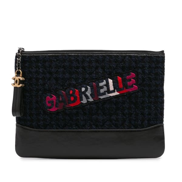 Pre-owned Chanel Quilted Tweed and Calfskin Embroidered Gabrielle Clutch Blue