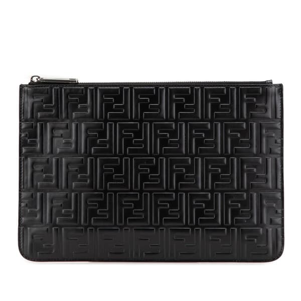 Pre-owned Fendi Zucca Embossed Leather Zip Pouch Black