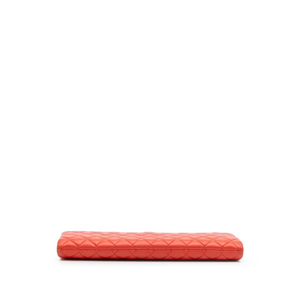 Pre-owned Chanel Quilted Lambskin Crystal Camellia Long Clutch Orange