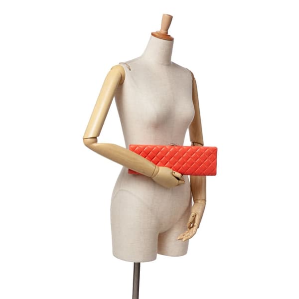 Pre-owned Chanel Quilted Lambskin Crystal Camellia Long Clutch Orange