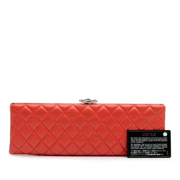Pre-owned Chanel Quilted Lambskin Crystal Camellia Long Clutch Orange