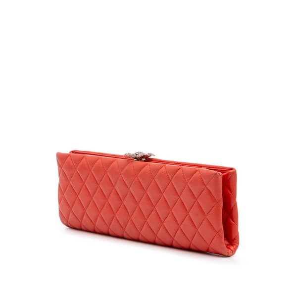 Pre-owned Chanel Quilted Lambskin Crystal Camellia Long Clutch Orange