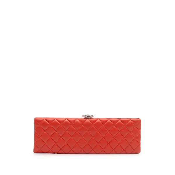 Pre-owned Chanel Quilted Lambskin Crystal Camellia Long Clutch Orange