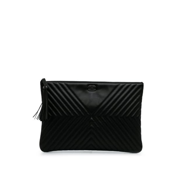 Pre-owned Chanel Large Diagonal Chevron Calfskin Tassel O Case Clutch Black