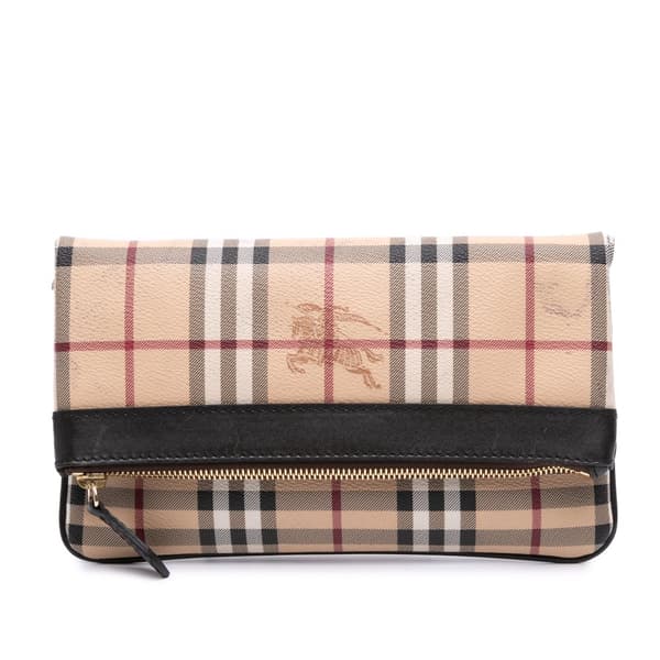 Pre-owned Burberry Haymarket Check Coated Canvas Adeline Fold over Clutch Brown