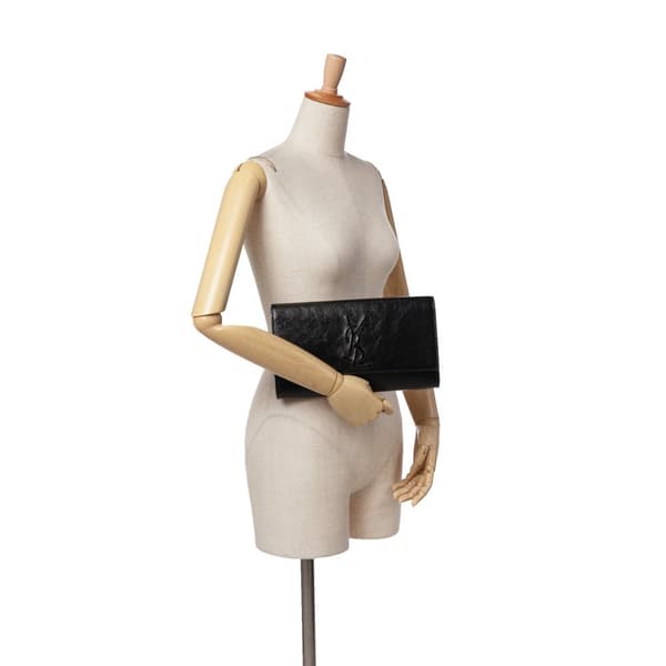 Pre-owned Yves Saint Laurent Large Textured Patent Monogram Belle De Jour Clutch Black
