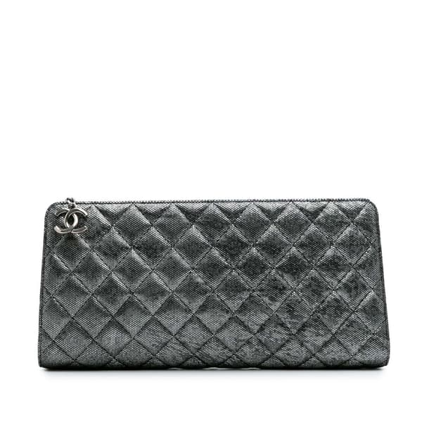 Pre-owned Chanel CC Quilted Metallic Calfskin Zip Clutch Silver