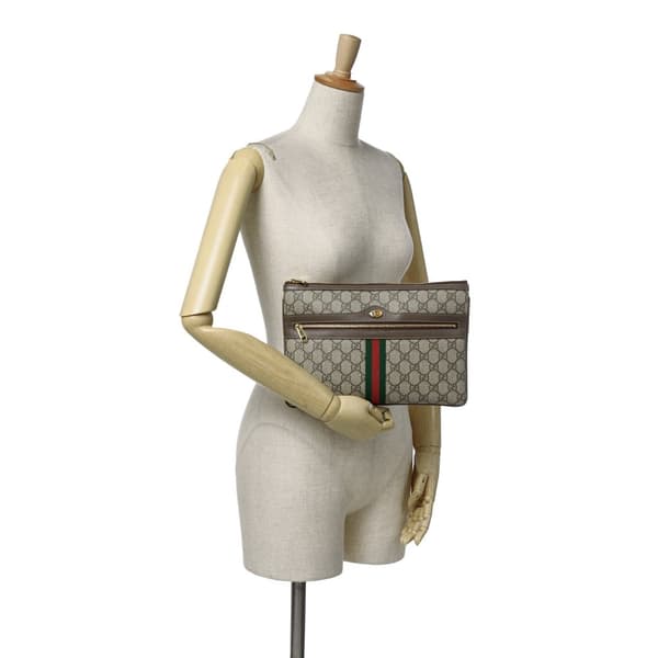 Pre-owned Gucci Large GG Supreme Ophidia Web Clutch Brown