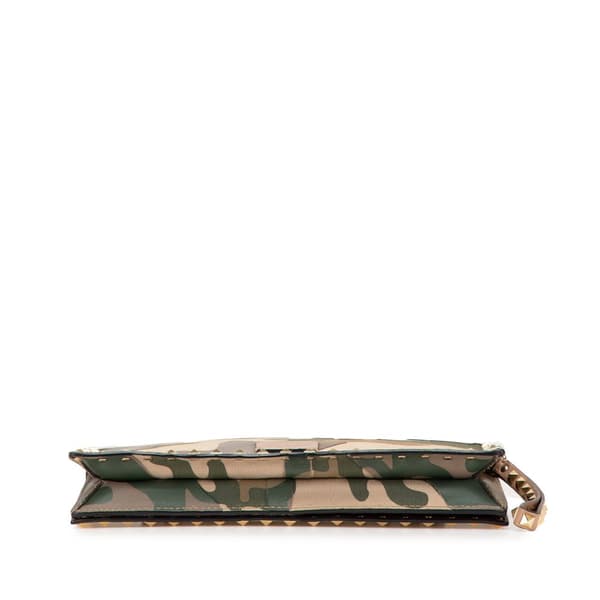 Pre-owned Valentino Canvas and Nappa Camouflage Rockstud Wristlet Clutch Brown