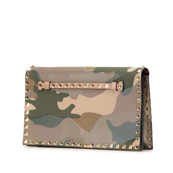 Pre-owned Valentino Canvas and Nappa Camouflage Rockstud Wristlet Clutch Brown