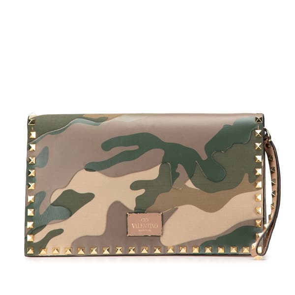 Pre-owned Valentino Canvas and Nappa Camouflage Rockstud Wristlet Clutch Brown