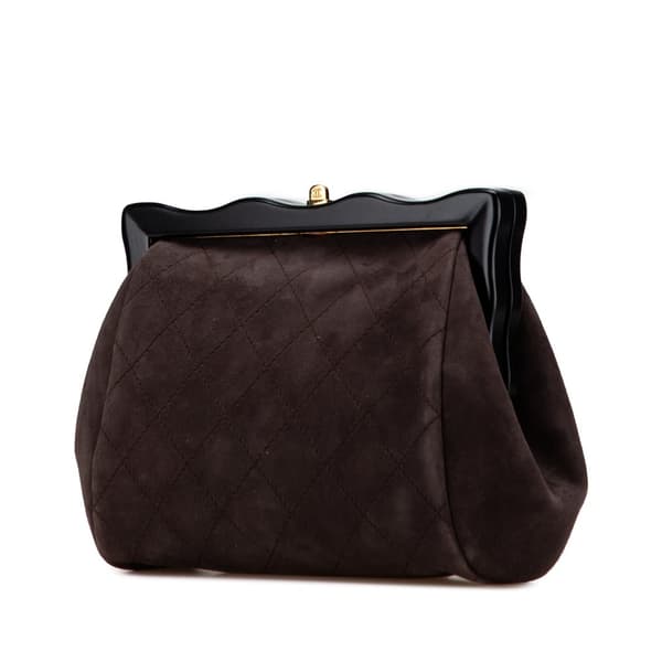 Pre-owned Chanel CC Quilted Suede Kiss Lock Clutch Brown
