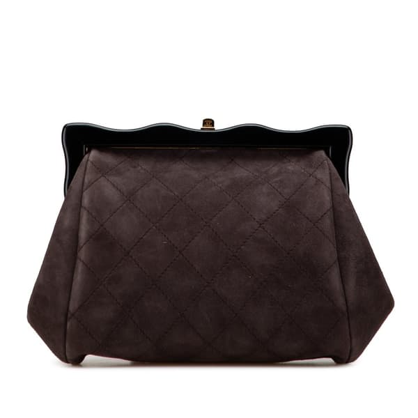 Pre-owned Chanel CC Quilted Suede Kiss Lock Clutch Brown