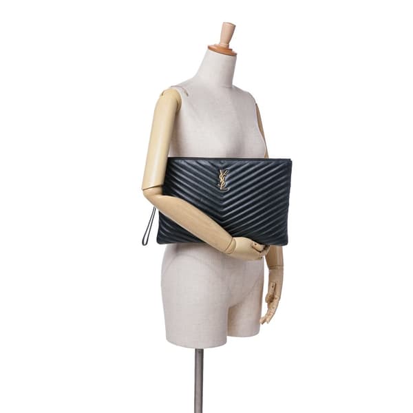 Pre-owned Saint Laurent Leather Chevron Monogram Document Holder Black