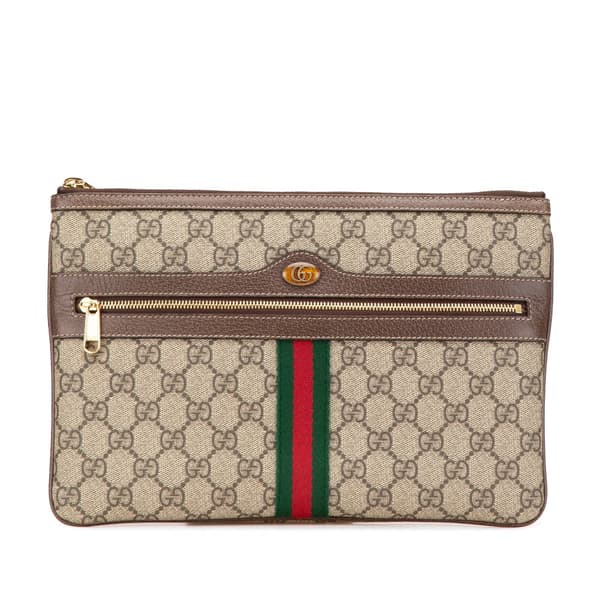 Pre-owned Gucci Large GG Supreme Ophidia Web Clutch Brown