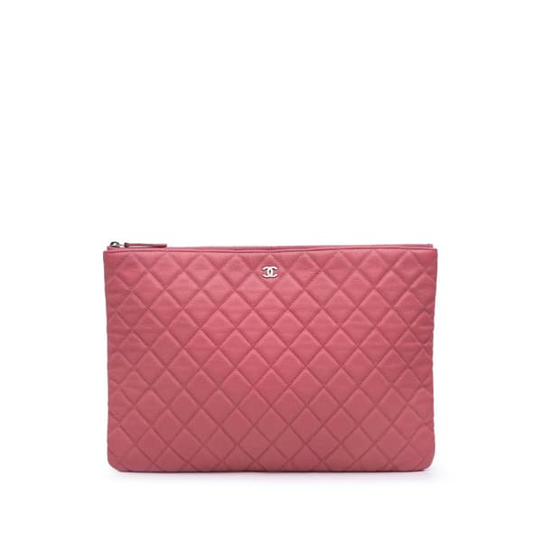 Pre-owned Chanel Large Quilted Caviar O Case Clutch Pink