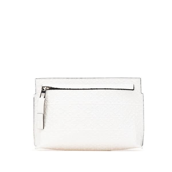 Pre-owned LOEWE Embossed Leather Anagram Repeat T Clutch White