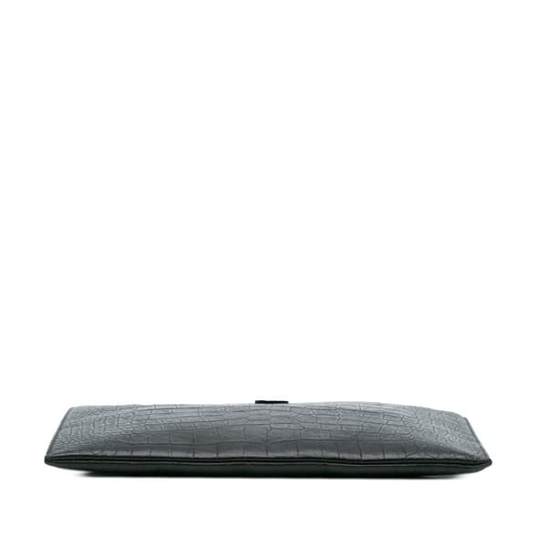 Pre-owned Saint Laurent Croc Embossed Leather Monogram iPad Case Black
