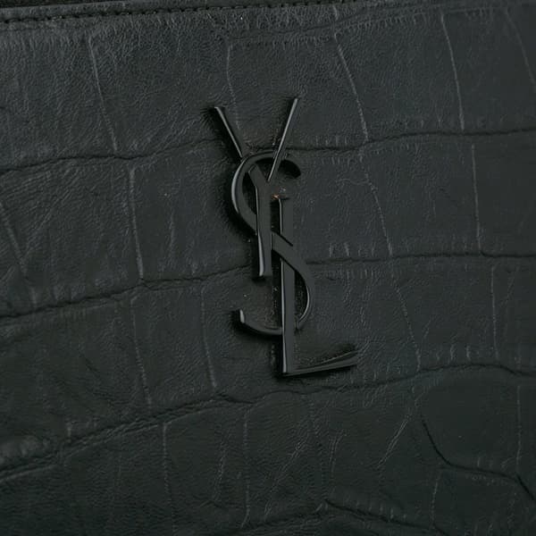 Pre-owned Saint Laurent Croc Embossed Leather Monogram iPad Case Black