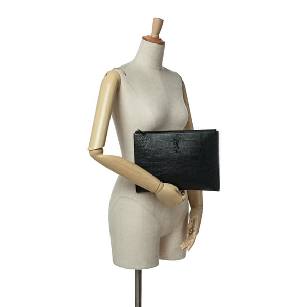 Pre-owned Saint Laurent Croc Embossed Leather Monogram iPad Case Black