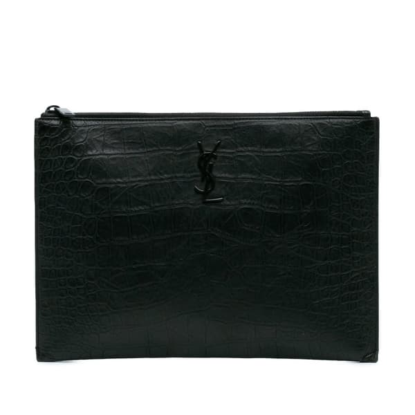 Pre-owned Saint Laurent Croc Embossed Leather Monogram iPad Case Black