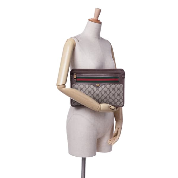 Pre-owned Gucci GG Supreme Web Ophidia Clutch Brown