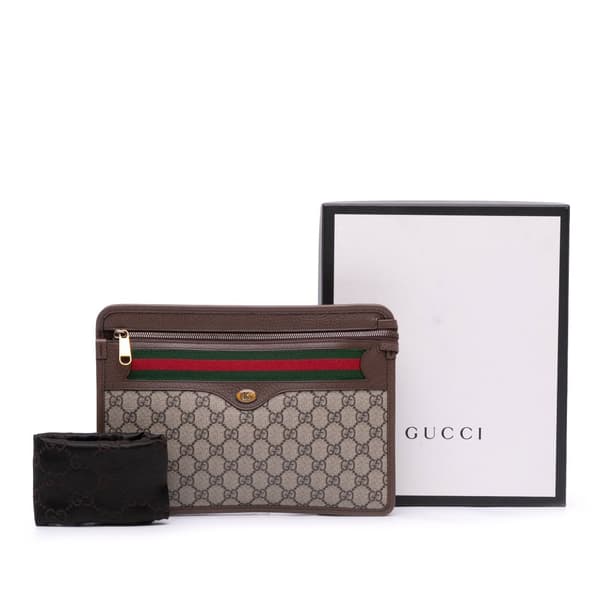 Pre-owned Gucci GG Supreme Web Ophidia Clutch Brown