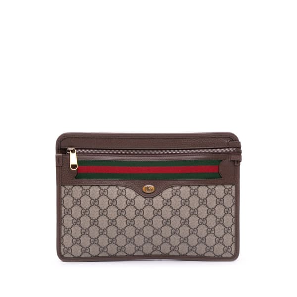 Pre-owned Gucci GG Supreme Web Ophidia Clutch Brown
