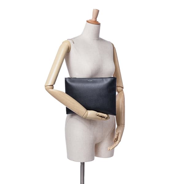 Pre-owned Saint Laurent Grain De Poudre Zipped Tablet Holder Black